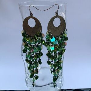 Boho Green Chandelier Earrings NWT Long Dangling Bohemian with Beads and Sequins
